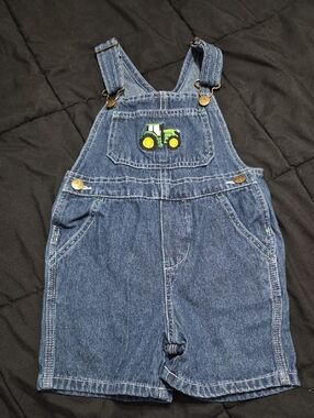 John Deere Blue Denim Short Overalls with Green & Yellow Tractor Patch